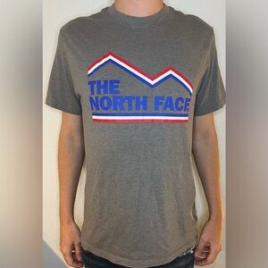 The North Face Men's Gray Tee with Blue Logo and Red & White Trim